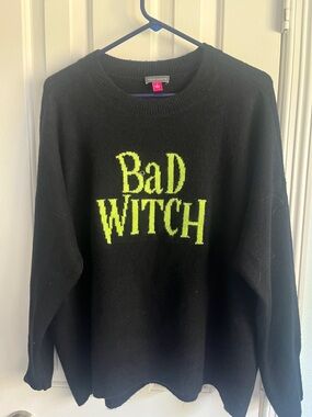Vince Camuto Black Crewneck Sweater with Neon Green "Bad Witch" Graphic